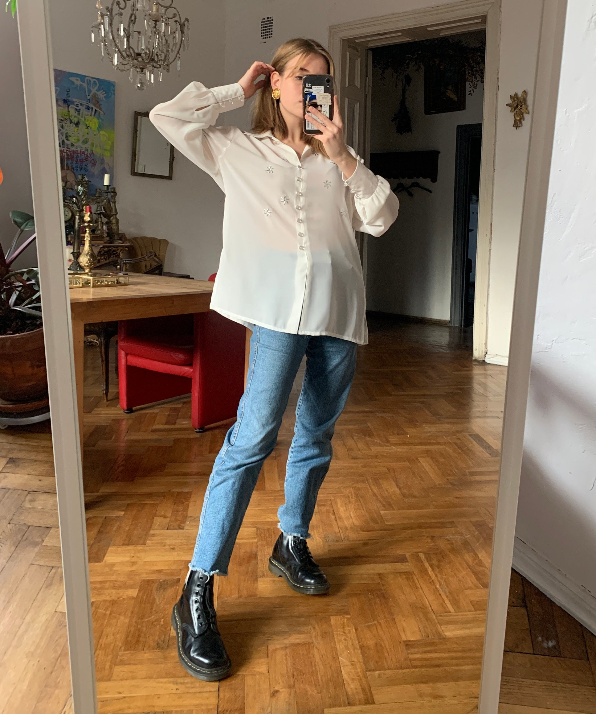 Vintage White Semi-sheer Blouse, Long Sleeve Chiffon Shirt Vintage White Semi-sheer Blouse, Long Sleeve Chiffon Shirt