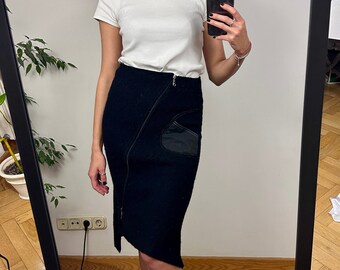 Spódnica midi ołówkowa w kolorze czarnym w stylu vintage, spódnica wełniana z wysokim stanem