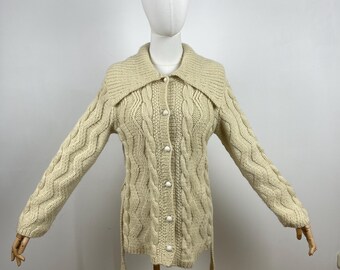Vintage Cream Knit Wool Cardigan , Wool Belted Sweater