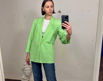 Vintage Light Green Cotton Elegant Blazer, Summer Women's Jacket