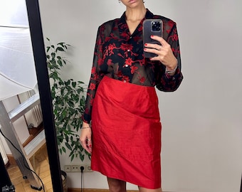 Vintage Red Silk Pencil Skirt, Silk Designer High Waist Midi Skirt