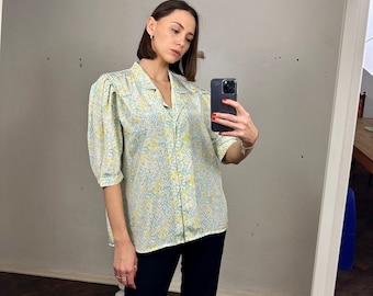 Blusa floral sedosa vintage, camisa de manga corta con botones