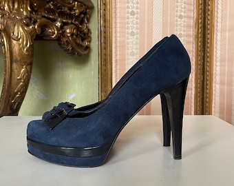 Vintage Navy Suede Leather Heels Shoes, Designer Dark blue Platform Shoes