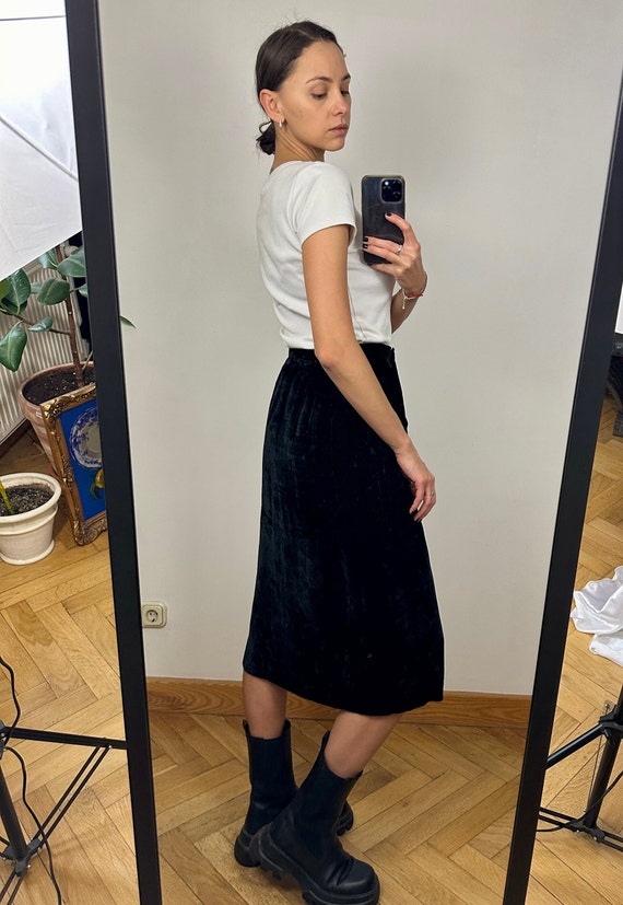 Vintage Black Velvet Midi Skirt, Velour Wrap A-Li… - image 3