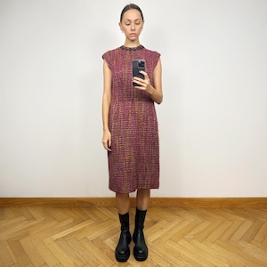 Vintage  Pink Tweed Pencil Dress , Elegant Sleeveless Midi Dress