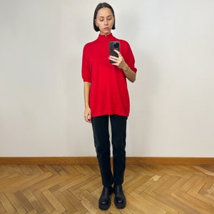 Vintage Red Oversized Wool Sweater , Designer High Neck Short Sleeve Jumper