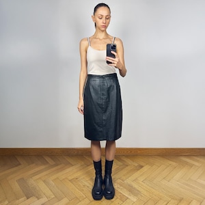 Vintage Black Leather Skirt, High Waist Black Leather Midi Pencil Skirt