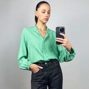 Vintage Green Silk Blouse, Long Sleeve Silk Top