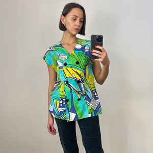 Vintage Green Abstract Linen Short Sleeve Blouse, Cotton button down top