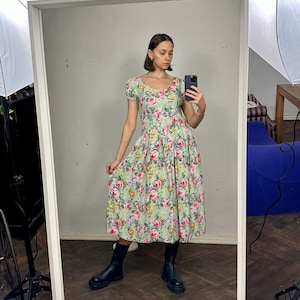 Vintage Floral Short Sleeve Midi Dress, Floral Button Down Long Summer Dress