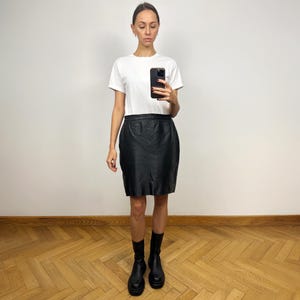 Vintage Black Leather Mini Skirt, High Waist Large Size Black Leather Skirt