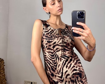 Vintage Animal Print Ärmelloses Midikleid