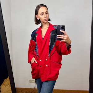 Vintage Red Embroidered 80&#39; Elegant Blazer, Summer Women&#39;s Jacket