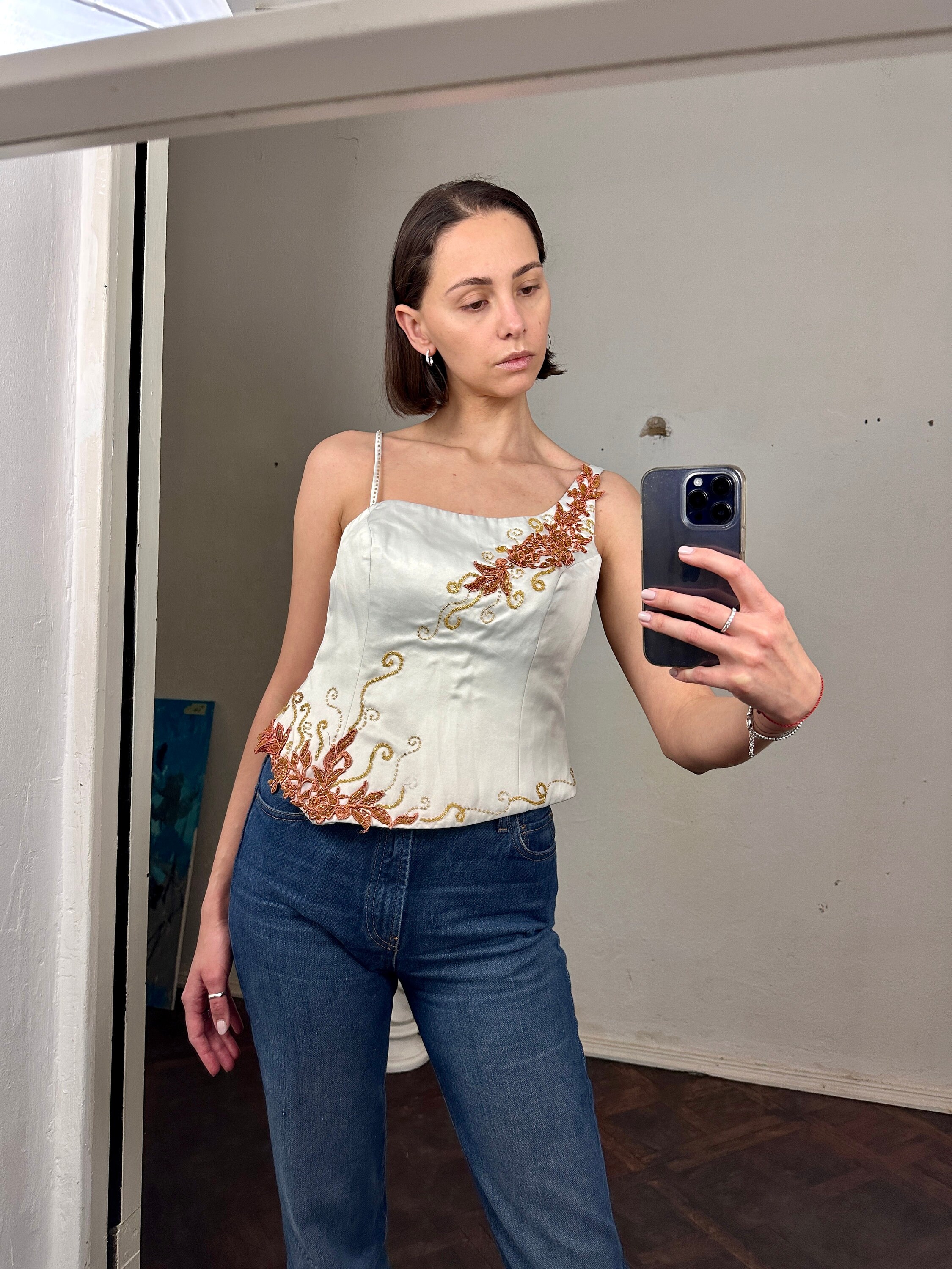 Vintage Sleeveless White Satin Embroidered Top, Silky Embellished