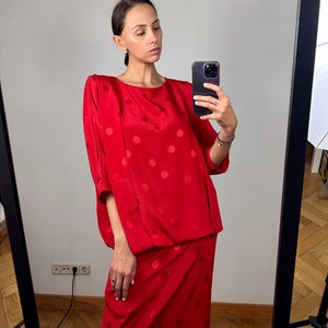 Vintage Red Satin Midi Dress, H&M Silky Puff Sleeve Dress