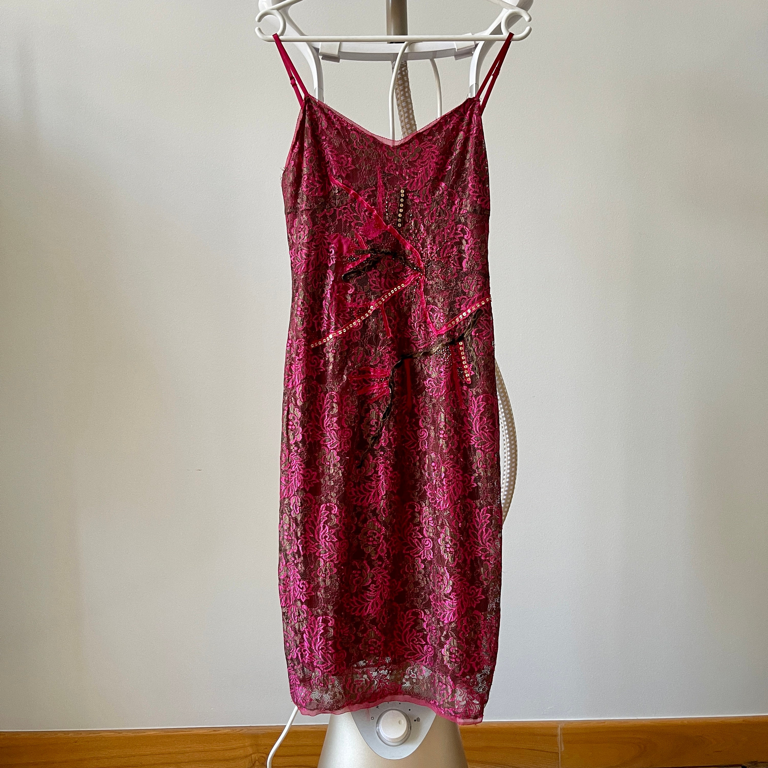 Vintage Pink Lace Midi Dress, Sleeveless Lace Embellished Pencil Dress