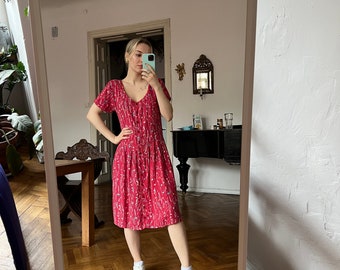 Vintage Red Floral Midi Dress, Button Down Short Sleeve Dress