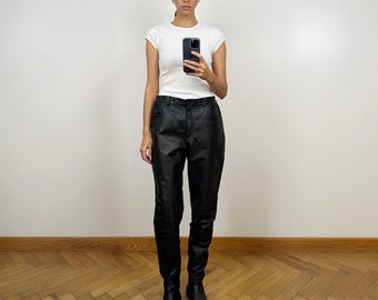 90年代レディース12ブラックレザーハイライズストレートパンツモトゴス