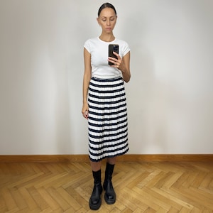 Vintage White Striped Pleated Midi Skirt, High Waist A-Line Skirt