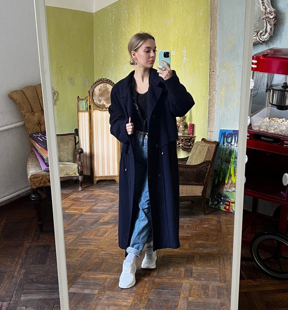 Vintage Navy Blue Wool Overcoat , Long Oversized … - image 5