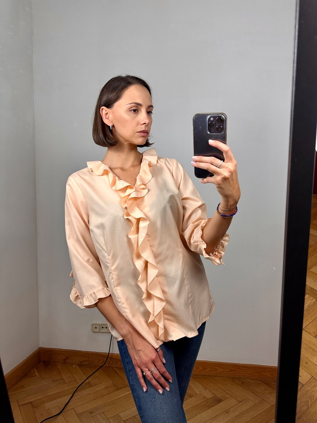 Vintage Beige Ruffle Blouse, Half Sleeve Top - Etsy