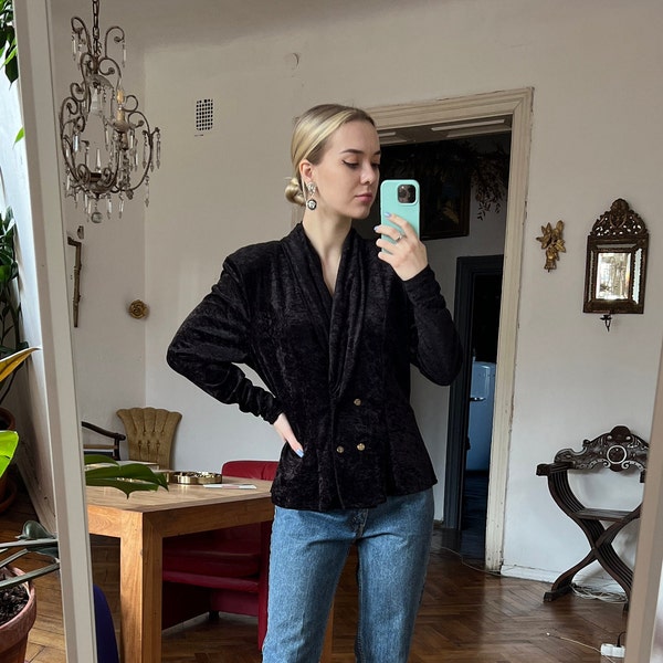 Vintage Black Velour Blouse, Long Sleeve Velvet Top