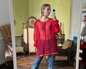 Vintage Rote schiere lange Bluse, langärmeliges halb schieres Top