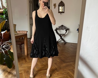 Vintage Black Sleeveless Midi Dress, Joseph Ribkoff Ruffle Midi Dress
