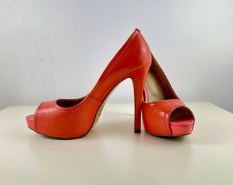 Vintage Orange Leather Heels Shoes, Designer Patent Leather Platform Shoes