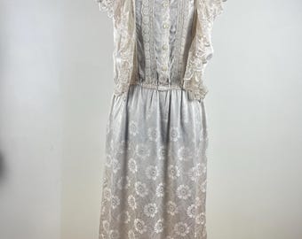 Vintage Cream Sleeveless Satin Midi Dress, Lace Silky Dress