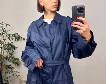 Vintage Navy Blue Trench Coat, Cotton Long Coat, Oversized trench coat