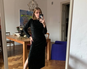 Vintage Black Velvet Maxi Dress, Long Sleeve Bodycon Long Dress