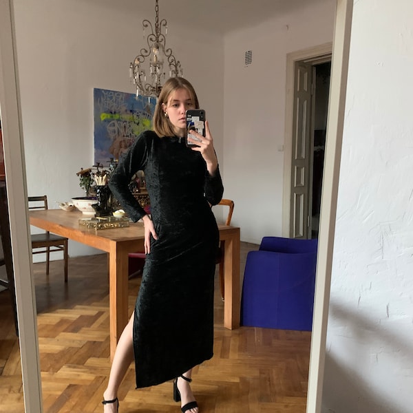 Vintage Black Velvet Maxi Dress, Long Sleeve Bodycon Long Dress