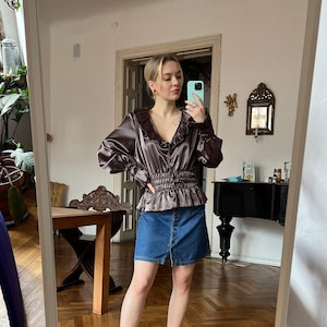 Vintage Grey Satin Ruffle Blouse, Long Sleeve Silky Top