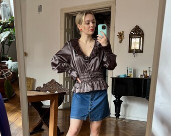 Vintage Grey Satin Ruffle Blouse, Long Sleeve Silky Top