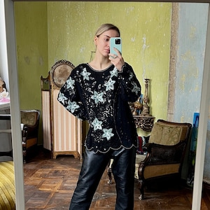 Vintage Black Long Sleeve Embellished Blouse,  Sleeveless Sequin Floral Top