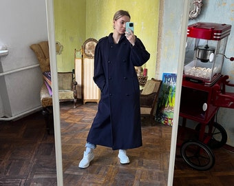 Vintage Navy Blue Wool Overcoat, Long Wool Coat