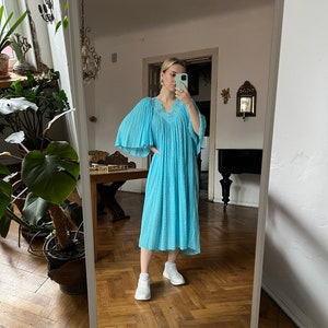 Vintage Light Blue Midi Dress, Half Sleeve Oversized Dress