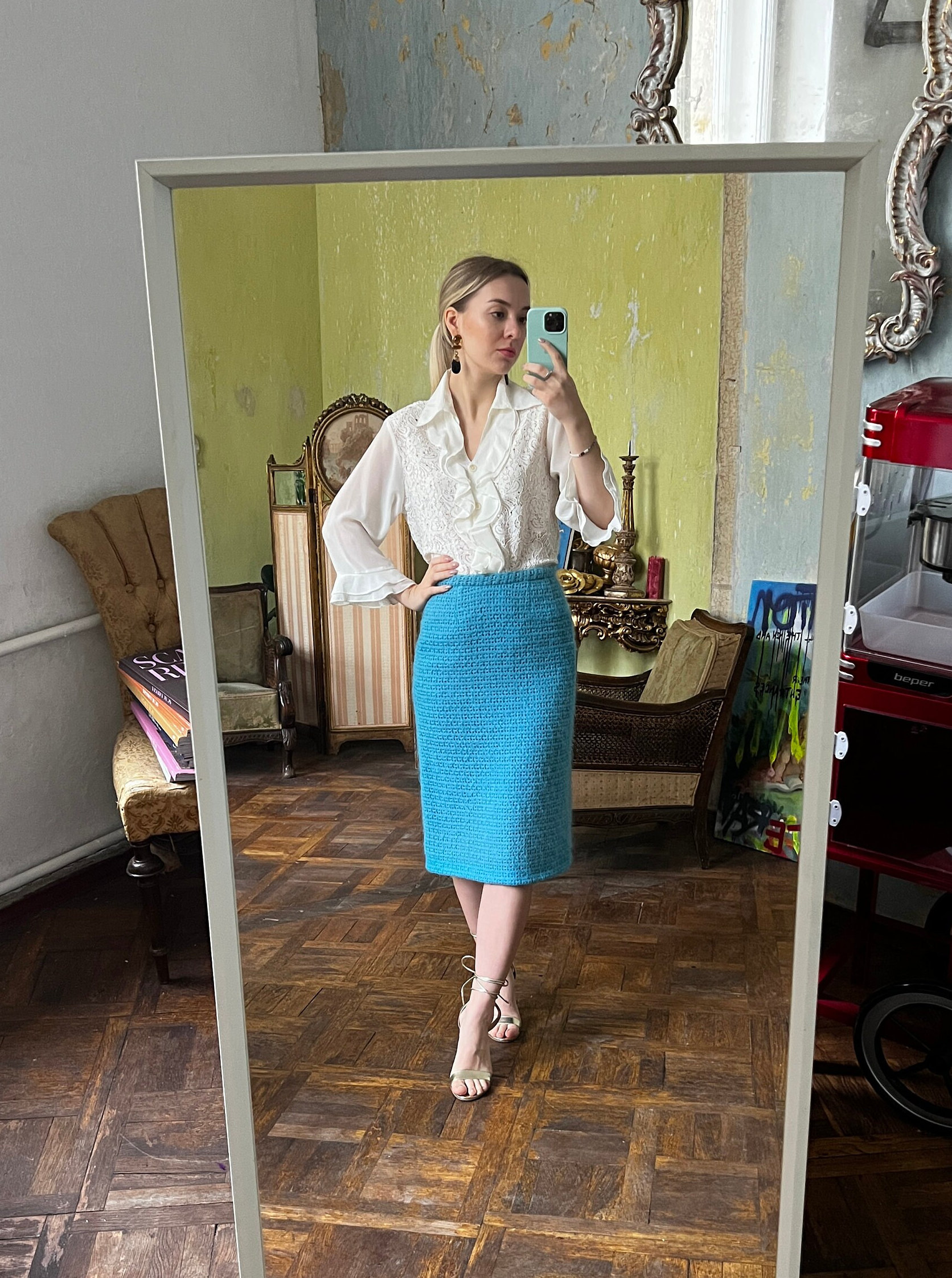 Vintage Light Blue Pencil Midi Skirt High Waist Wool Skirt Etsy UK