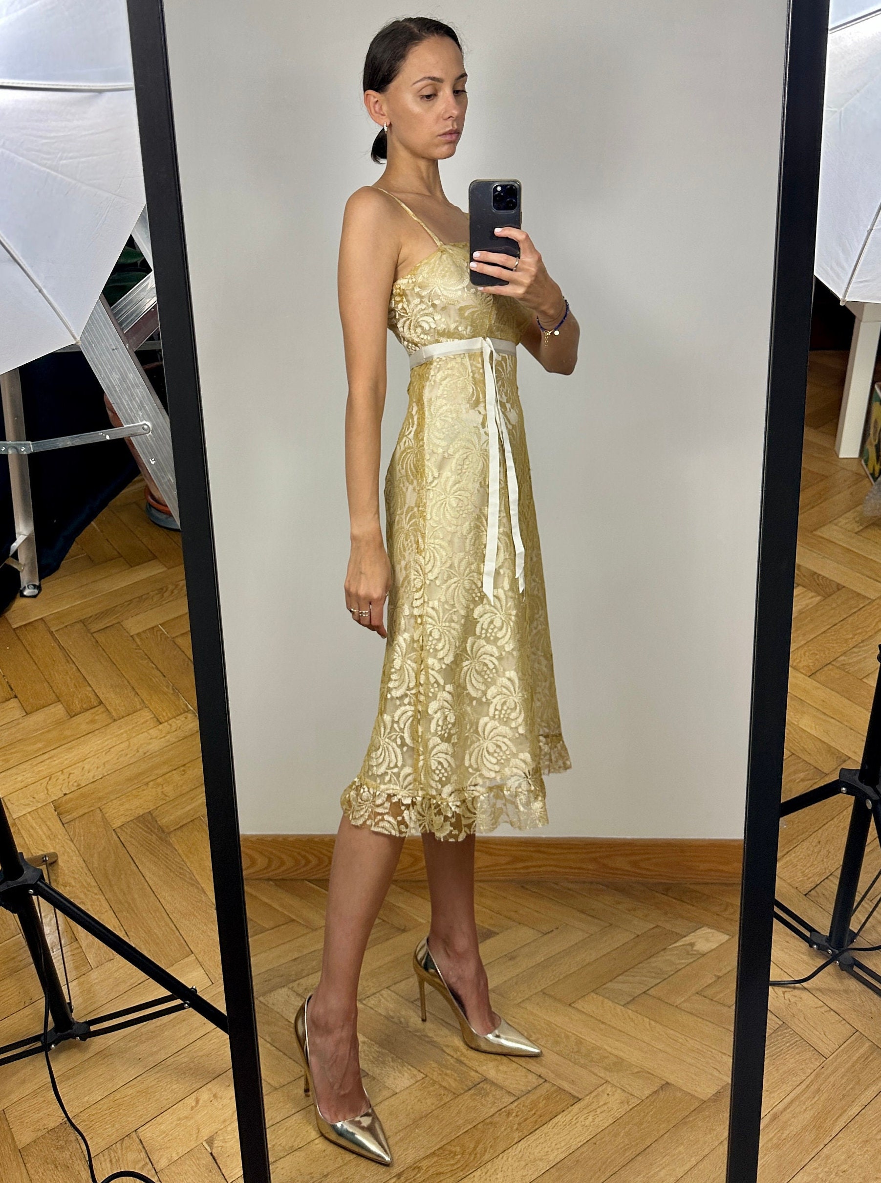 Vintage Gold Lace Midi Dress, Sleeveless Lace Dress