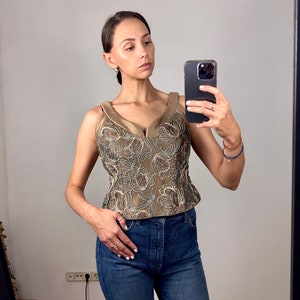 Vintage Sleeveless Beige Embroidered Silk Top, Elegant Silk Top