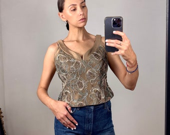 Blusa vintage de seda bordada beige sin mangas, elegante blusa de seda
