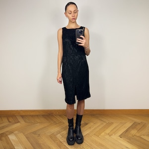 Vestido midi de encaje negro vintage, vestido lápiz de encaje sin mangas