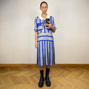 Vintage Striped Silky Pussybow Pleated  Midi Dress