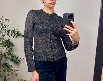 Vintage Black Lurex Blouse, Long Sleeve Semi-Sheer Top with Mother of pearl buttons