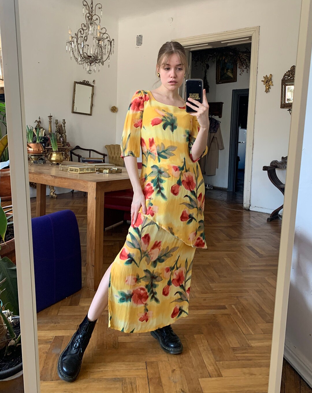 Vintage Yellow Floral Long Dress, Short Sleeve Maxi Dress - Etsy