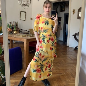 Vintage Yellow Floral Long Dress, Short Sleeve Maxi Dress