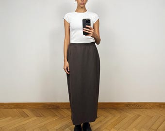 Falda midi de lana vintage, falda lápiz de lana marrón