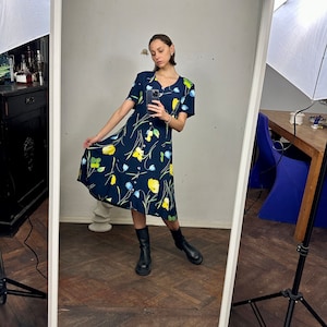 Vintage Blue Floral Short Sleeve Midi Dress, Button Down Summer Dress