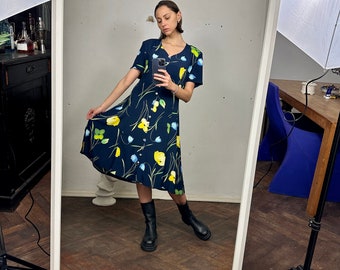 Vintage Blue Floral Short Sleeve Midi Dress, Button Down Summer Dress